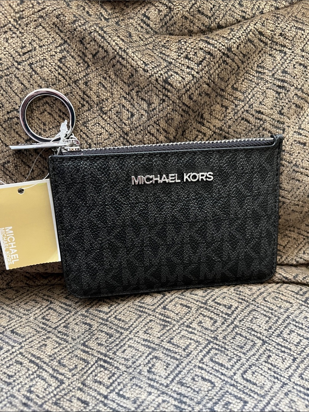Michael Kors Black Signature MK Zip Card Case with Keyring